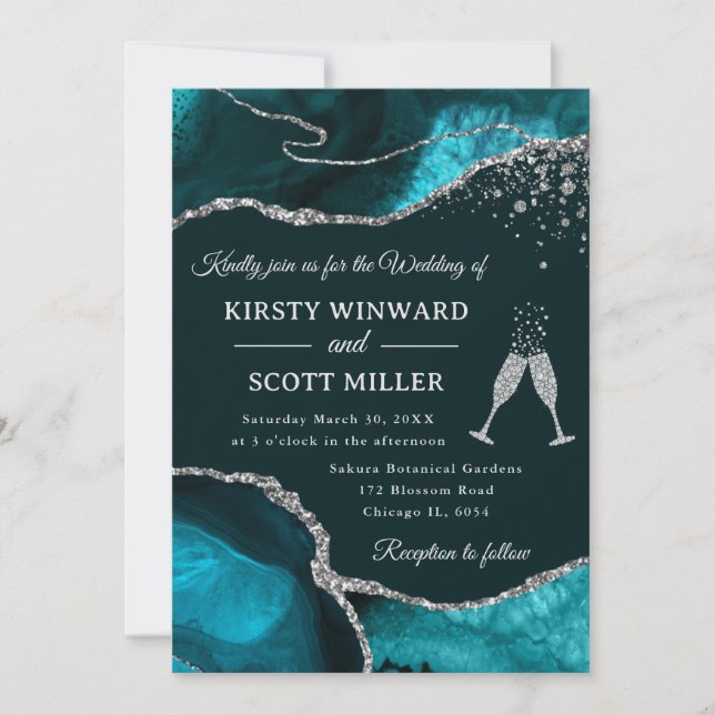 Elegant Teal och Silver Glitter Agat Bröllop Inbjudningar (Framsida)