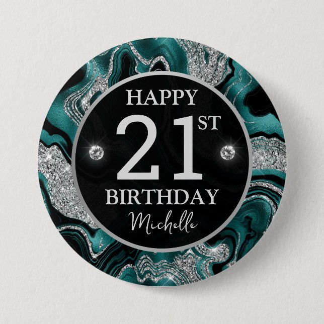 Elegant Teal och Silver Glitter Agate Birthday Knapp (Framsida)