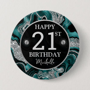 Elegant teal och silverglitter agat födelsedag knapp