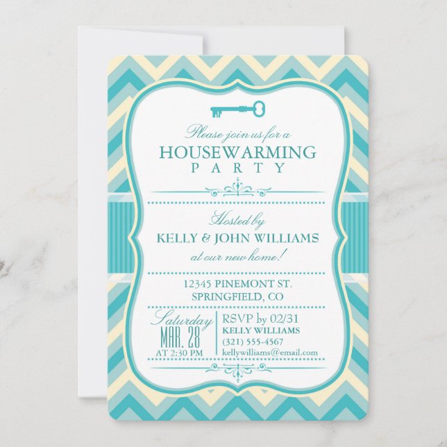 Elegant Teal & Off-White Chevron Husvärmning Inbjudningar (Framsida)