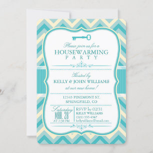 Elegant Teal & Off-White Chevron Husvärmning Inbjudningar