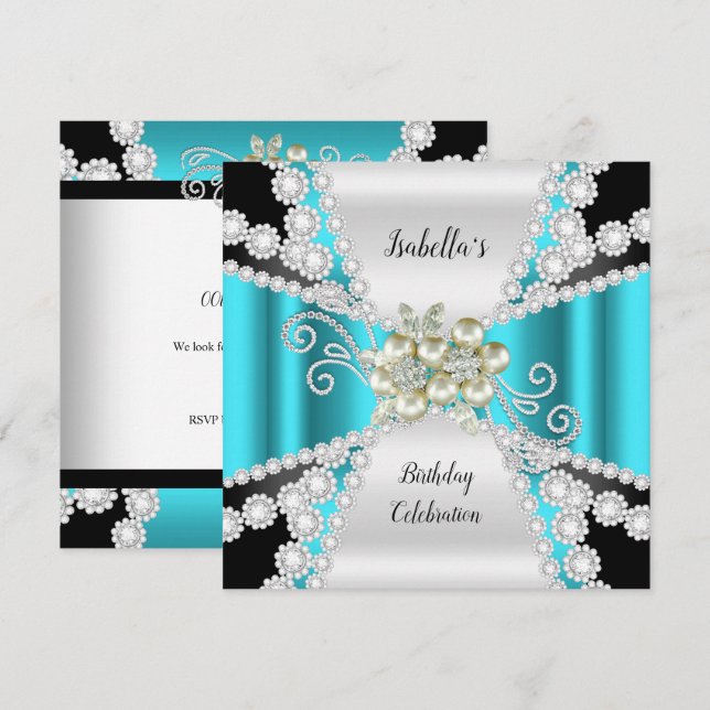 Elegant Teal Pearl Black White Diamond Birthday Inbjudningar (Fram/baksida)