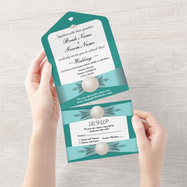 Elegant Teal Pearl Ribbon Bröllop & OSA All (Avrivbar del)