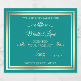 Elegant Teal Produktetikett med Guldram och Logoty Spritflaskor Etikett