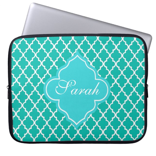 Elegant teal quatrefoil mönster monogram laptop fodral (Framsidan)