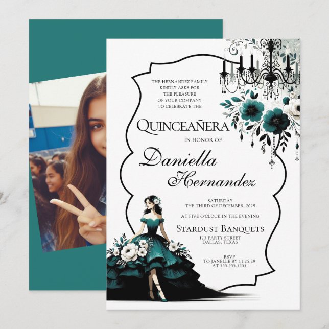 Elegant Teal Quinceañera-inbjudan Inbjudningar (Fram/baksida)