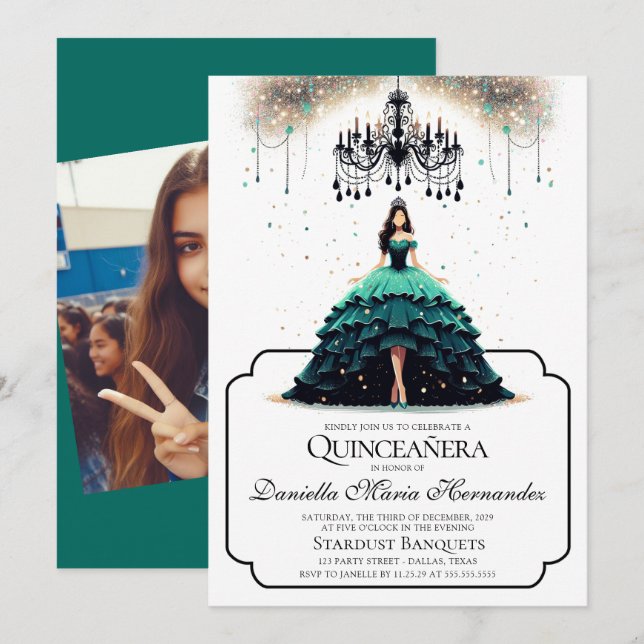 Elegant Teal Quinceañera-inbjudan Inbjudningar (Fram/baksida)