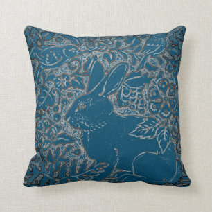 Elegant Teal Rabbit Bird Animal Blommigt Art Deco Kudde