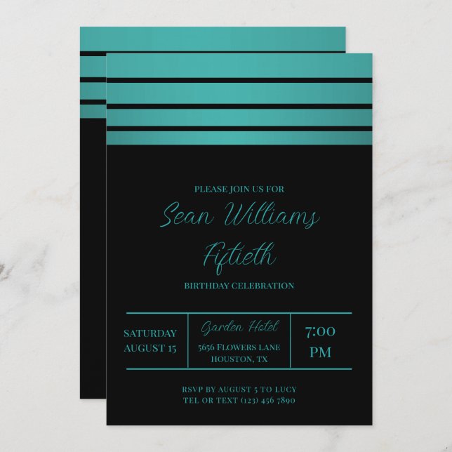 Elegant Teal Rand Masculine Birthday Inbjudningar (Fram/baksida)