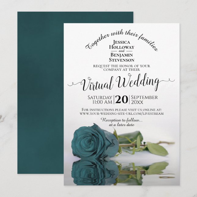 Elegant Teal reflekterande Ro Virtuella Bröllop Inbjudningar (Fram/baksida)