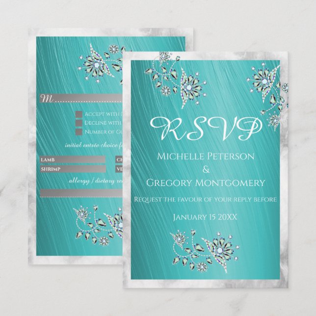 Elegant Teal Rhinetsone Jewel med Marble Gräns OSA Kort (Fram/baksida)