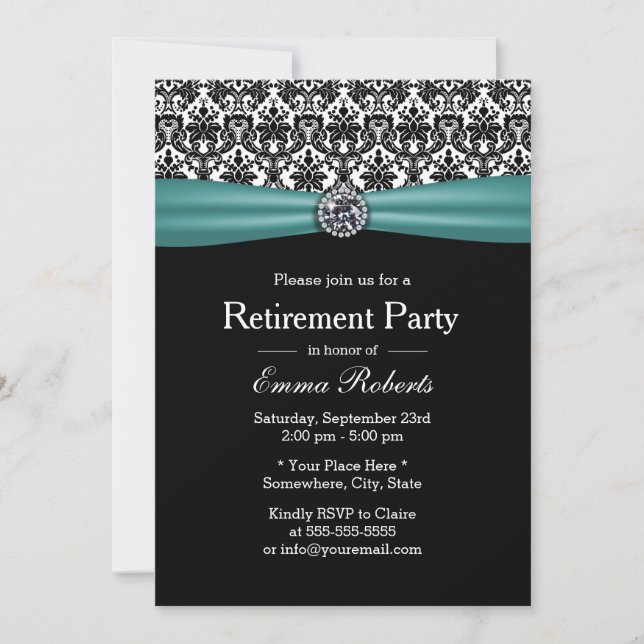 Elegant Teal Ribbon Damask Pension Party Inbjudningar (Framsida)