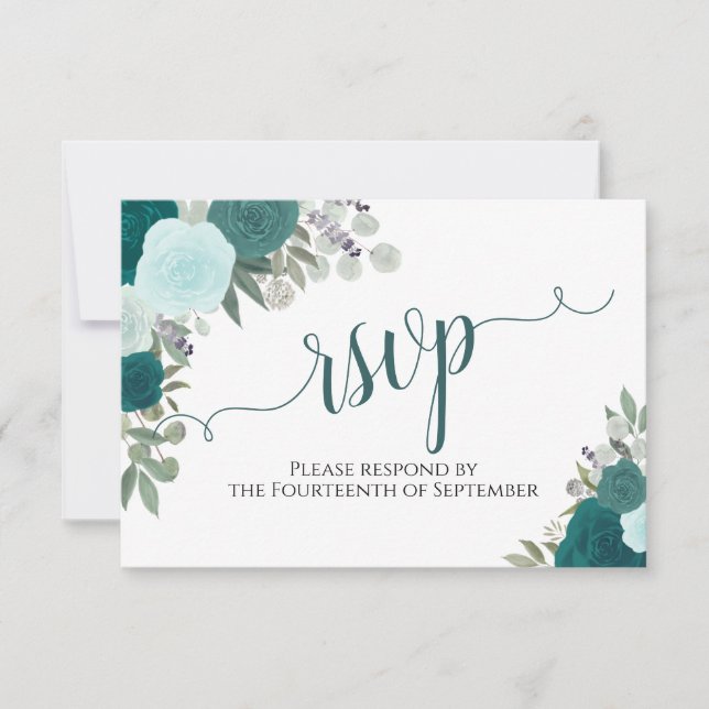 Elegant Teal Ro Blommigt Calligraphy Bröllop OSA Kort (Framsida)