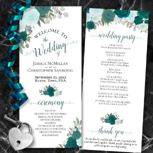 Elegant Teal Ro Boho Watercolor Blommigt Bröllop Program