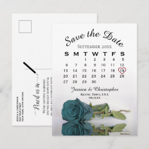 Elegant Teal Ro Bröllop Kalender Spara datum Meddelande Vykort