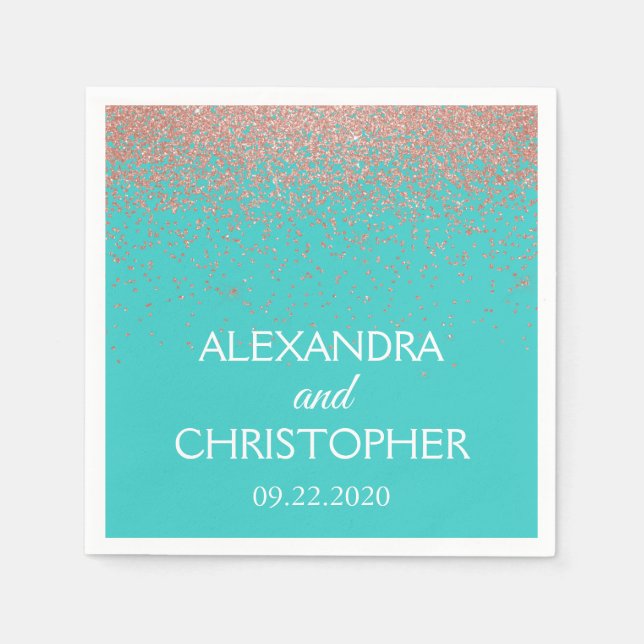 Elegant Teal & Ro Guld Glitter Confetti Bröllop Pappersservett (Framsidan)
