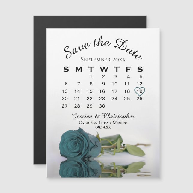 Elegant Teal Ro Spara datumkalendermagnet (Fram/baksida)