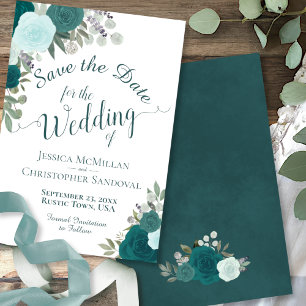 Elegant Teal Ro Watercolor Blommigt Boho Bröllop Spara Datumet