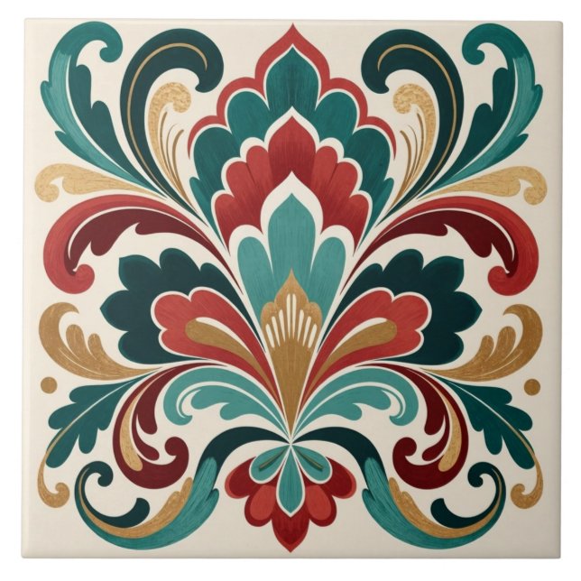 Elegant Teal–Röd Ornamentell Blomning Kakelplatta (Framsidan)