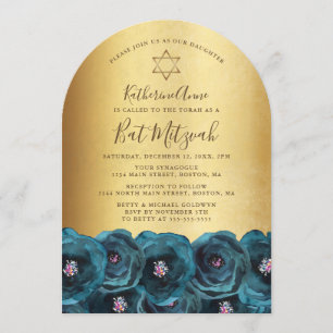 Elegant Teal Ros Blommig Guld Bat Mitzvah Inbjudningar