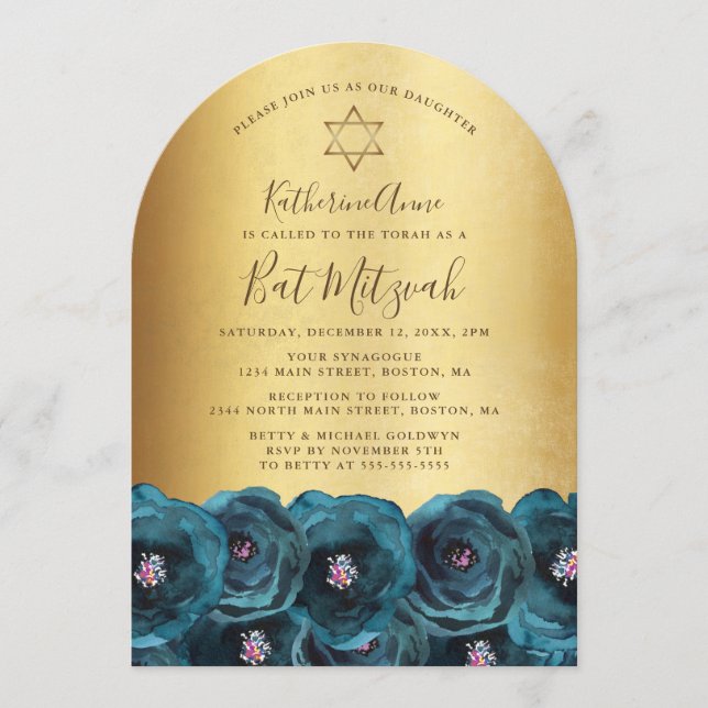 Elegant Teal Ros Blommig Guld Bat Mitzvah Inbjudningar (Framsida)
