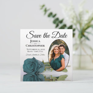 Elegant Teal Ros på Vitt med Oval Fotografi Bröllo Spara Datumet