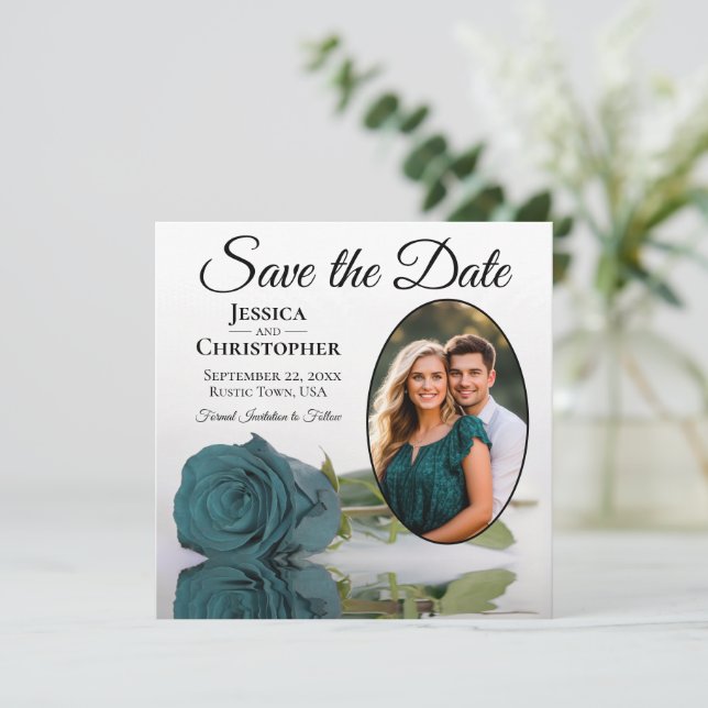 Elegant Teal Ros på Vitt med Oval Fotografi Bröllo Spara Datumet (Stående Fram)