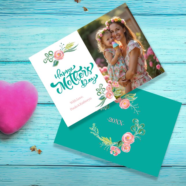 Elegant Teal & Rosa Blommigt Mor's Day with Photo Julkort (Elegant Teal & Pink Floral Mother’s Day with Photo Holiday Card)