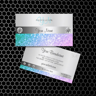 Elegant Teal Rosa Glitter Monogram Luminous Silver Visitkort