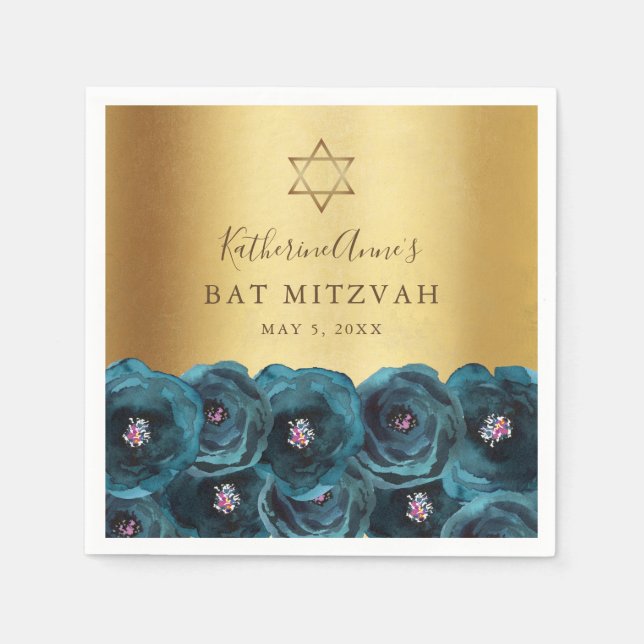 Elegant Teal Rose Floral Gold Bat Mitzvah Pappersservett (Framsidan)