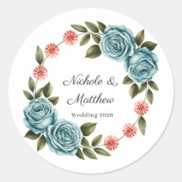 Elegant Teal Rose & Orange Daisey Wedding Runt Klistermärke