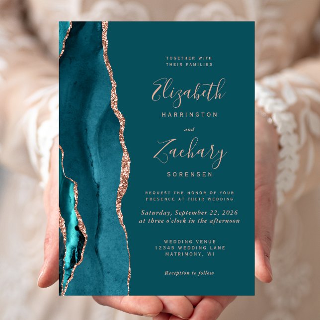Elegant Teal Roséguld Agat Bröllop Inbjudningar (Skapare uppladdad)