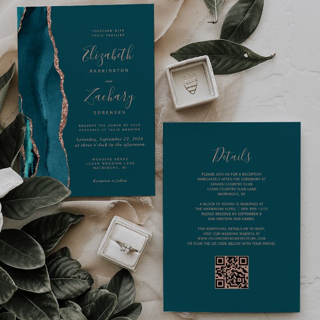 Elegant Teal Roséguld Agat QR-kod Bröllop Inbjudningar (Skapare uppladdad)