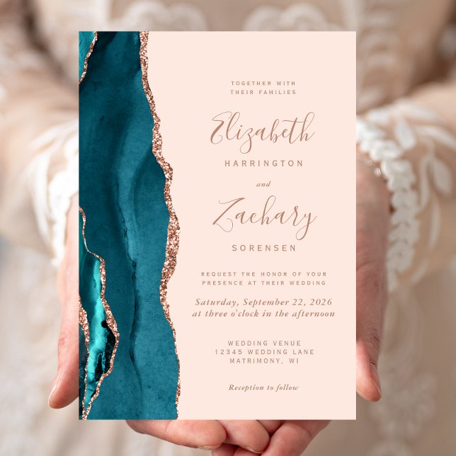 Elegant teal roséguld agat rosa bröllop inbjudningar (Skapare uppladdad)