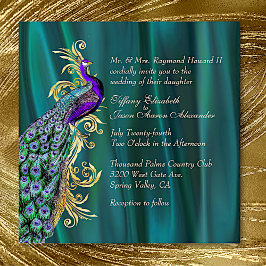 Elegant Teal Satin and Peacock Wedding bjudande Inbjudningar