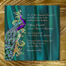 Elegant Teal Satin and Peacock Wedding bjudande