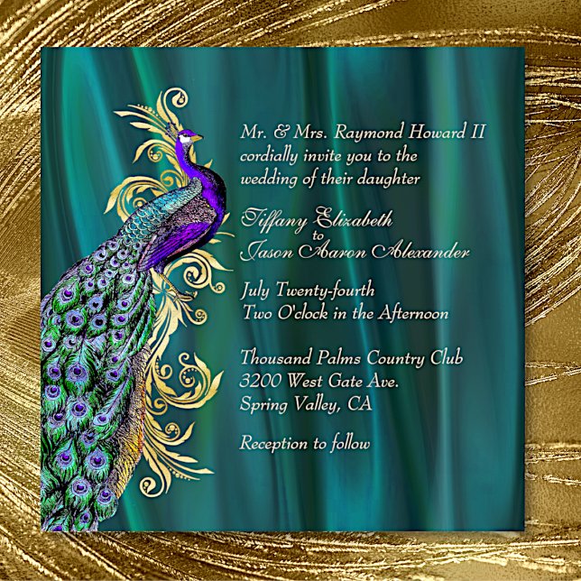 Elegant Teal Satin and Peacock Wedding bjudande Inbjudningar (Skapare uppladdad)