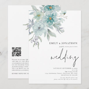 Elegant Teal Sea Mist Blommigts QR-koden Bröllop Inbjudningar