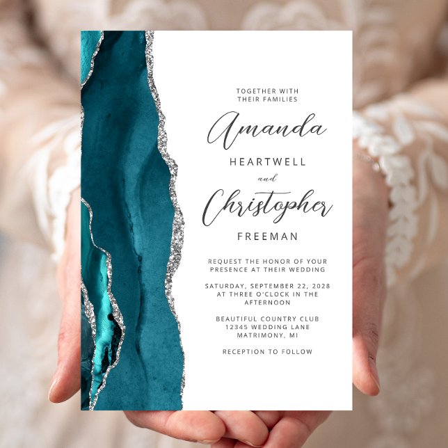 Elegant Teal Silver Agat Skrift Bröllop Inbjudningar (Skapare uppladdad)