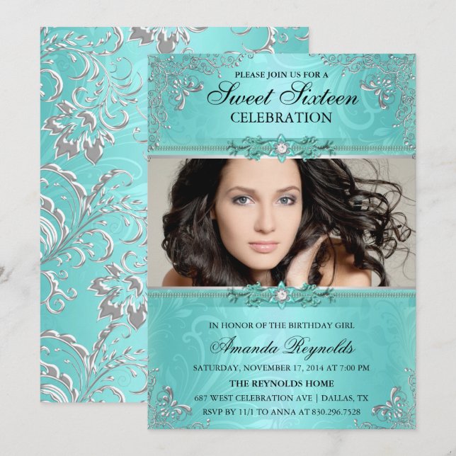 Elegant Teal & Silver Blommigt Sweet sixteen Inbju Inbjudningar (Fram/baksida)
