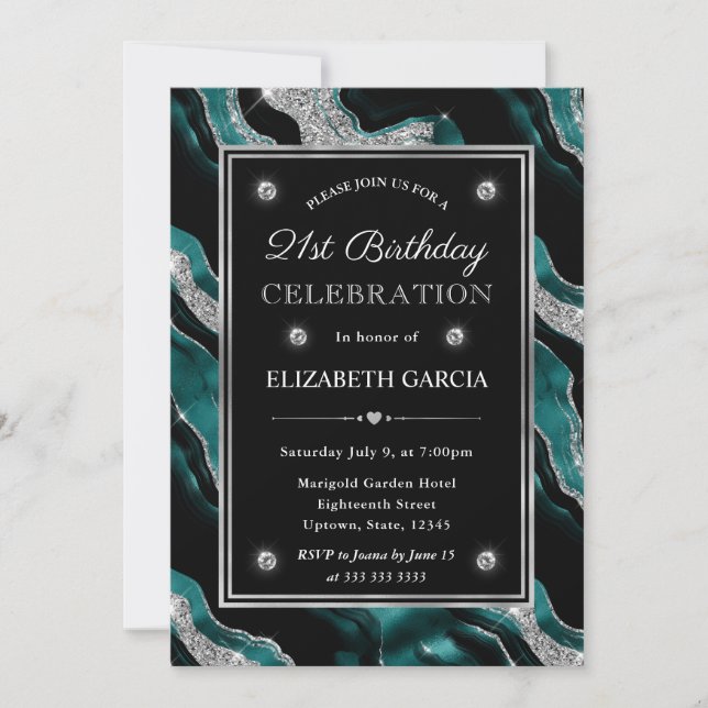 Elegant Teal & Silver Glitter Agate 21-årsfirande Inbjudningar (Framsida)