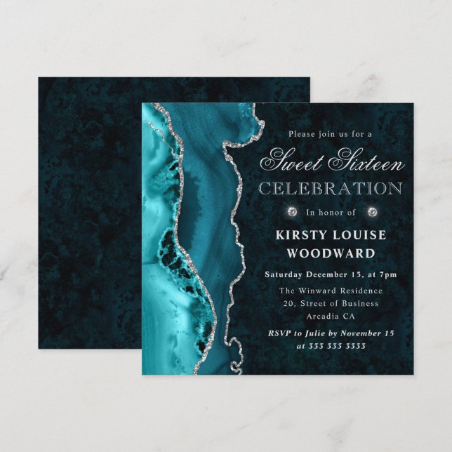 Elegant Teal & Silver Glitter Agate Söt Sexton Inbjudningar (Fram/baksida)