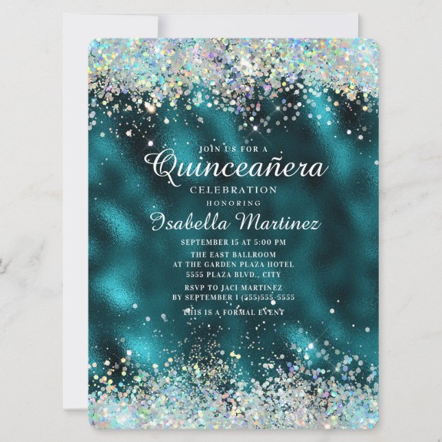 Elegant Teal Silver Glitter Quinceañera Inbjudningar (Framsida)