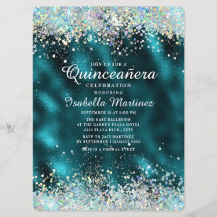 Elegant Teal Silver Glitter Quinceañera Inbjudningar