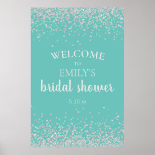 Elegant Teal Silver Konfetti Bröllopsdusch Poster