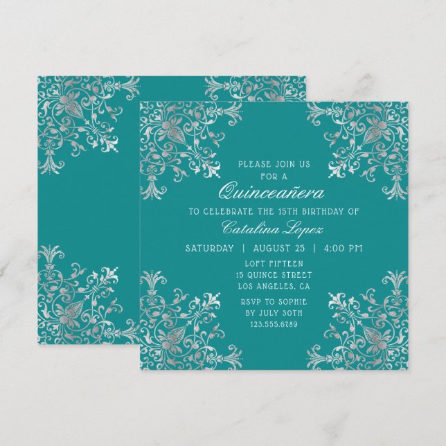 Elegant Teal Silver Ornate Blommigt Quinceañera Inbjudningar (Fram/baksida)