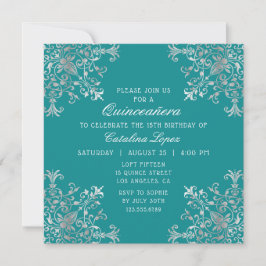 Elegant Teal Silver Ornate Blommigt Quinceañera Inbjudningar