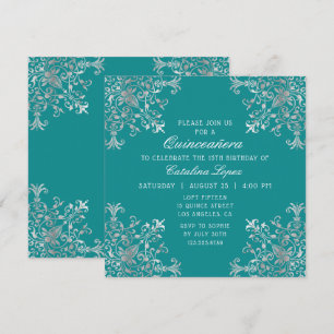 Elegant Teal Silver Ornate Blommigt Quinceañera Inbjudningar
