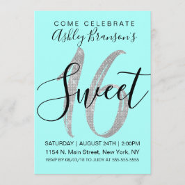 Elegant Teal Silver Sequin Glitter Sweet 16 Inbjudningar