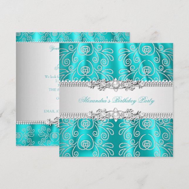 Elegant Teal Silver Spets Diamant Överlägg Party Inbjudningar (Fram/baksida)